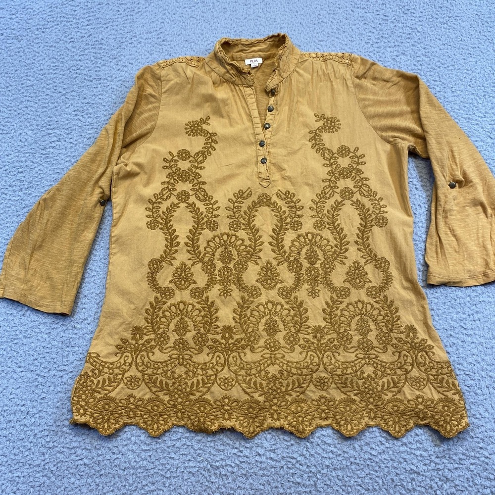 Reba‎ Tunic Shirt Womens Large Yellow Embroidered Lace Hem Boho Peasant Top